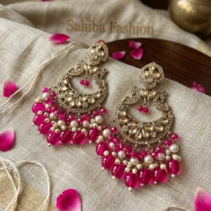 pink pearl chandbali earrings with beads anti tarnish festive statement jhumka mockup 1