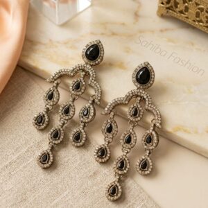 royal black stone kundan chandelier earrings for women–traditional indian wedding jewelry mockup 3