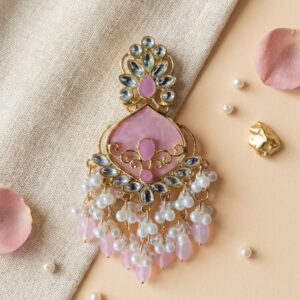 baby pink stone & pearl drop statement earrings | anti tarnish festive designer earrings
