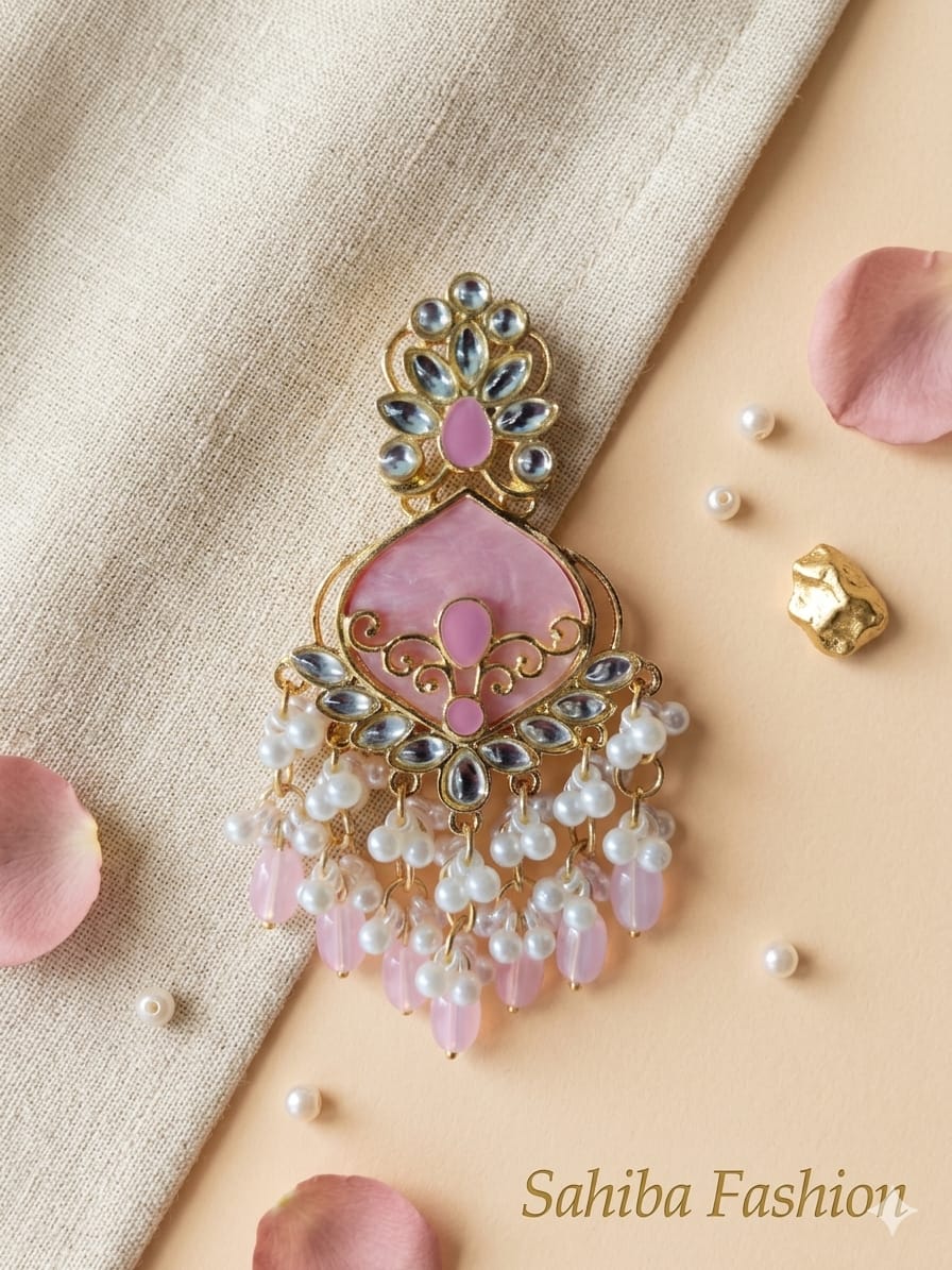 baby pink stone & pearl drop statement earrings | anti tarnish festive designer earrings baby pink stone & pearl drop statement earrings | anti tarnish festive designer earrings