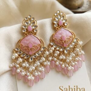 baby pink stone & pearl drop statement earrings | anti tarnish festive designer earrings