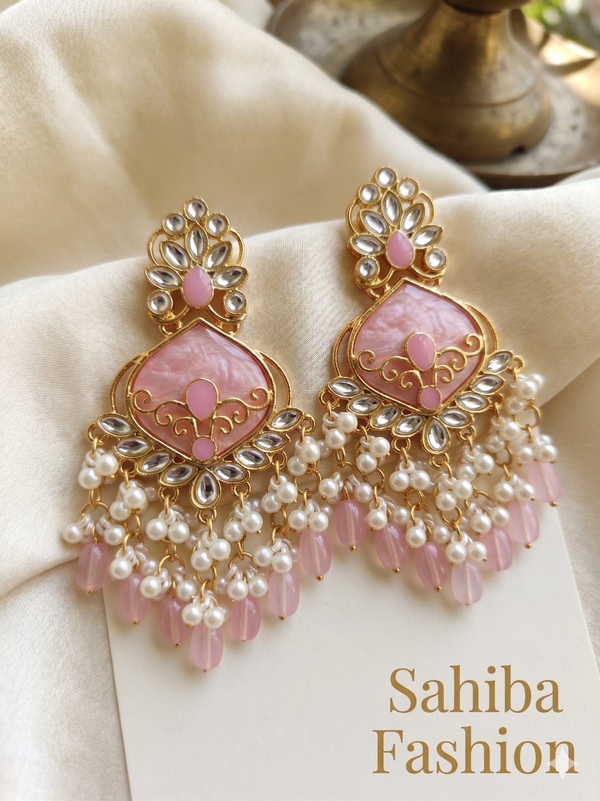 baby pink stone & pearl drop statement earrings | anti tarnish festive designer earrings baby pink stone & pearl drop statement earrings | anti tarnish festive designer earrings