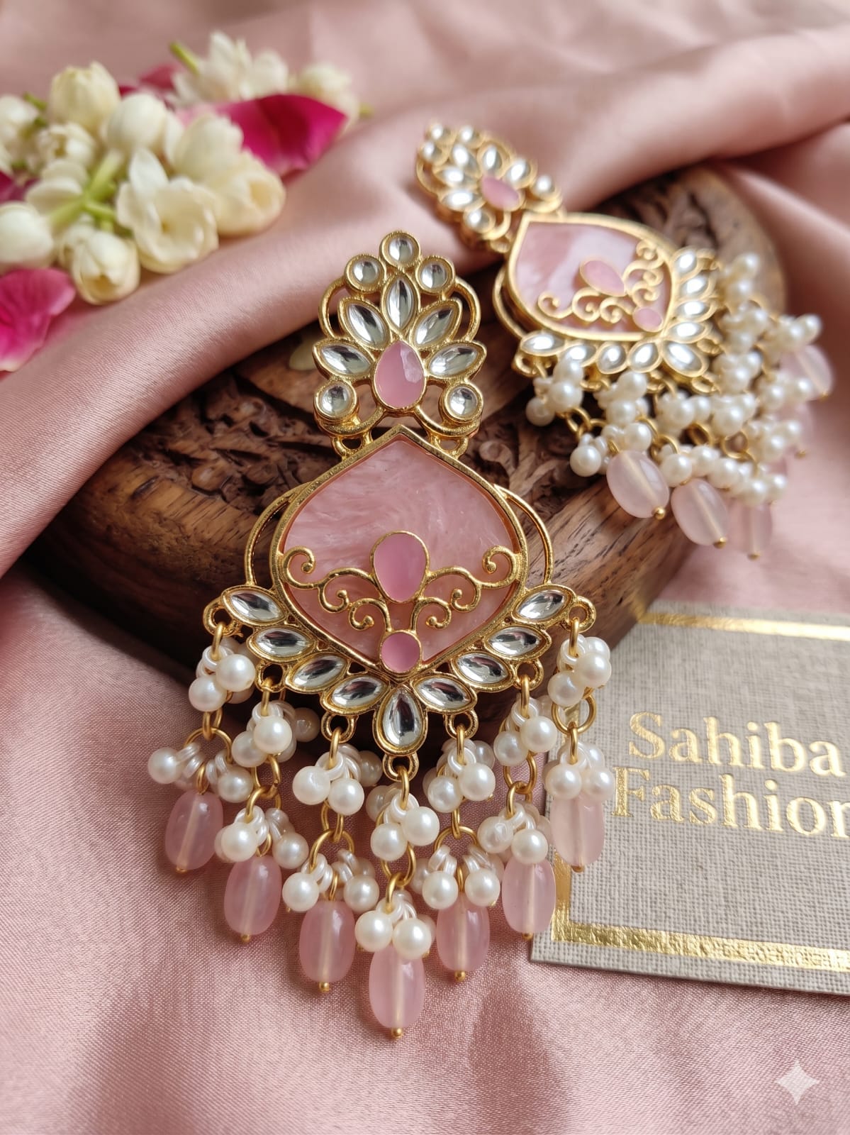 baby pink stone & pearl drop statement earrings | anti tarnish festive designer earrings baby pink stone & pearl drop statement earrings | anti tarnish festive designer earrings