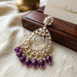 burgundy teardrop statement jhumka earrings with bead drops in anti tarnish finish
