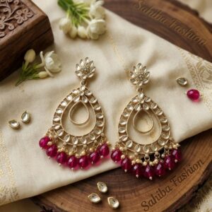 dark pink red teardrop statement earrings with beads | anti tarnish party wear jhumka