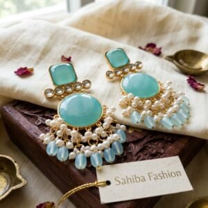 elegant sky blue/aqua stone pearl dangler earrings for women – traditional ethnic statement jewelry
