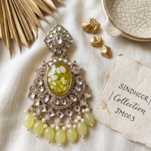 light green resin stone statement chandbali earrings with beads anti tarnish festive jhumka