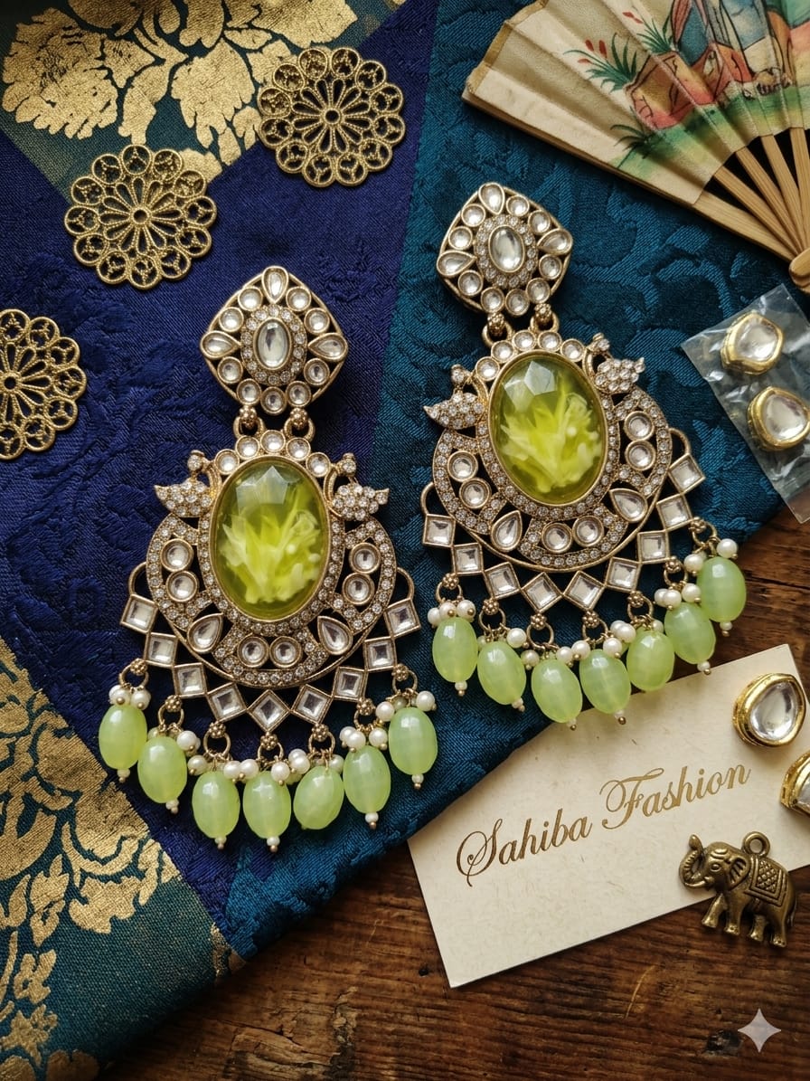 light green resin stone statement chandbali earrings with beads anti tarnish festive jhumka light green resin stone statement chandbali earrings with beads anti tarnish festive jhumka