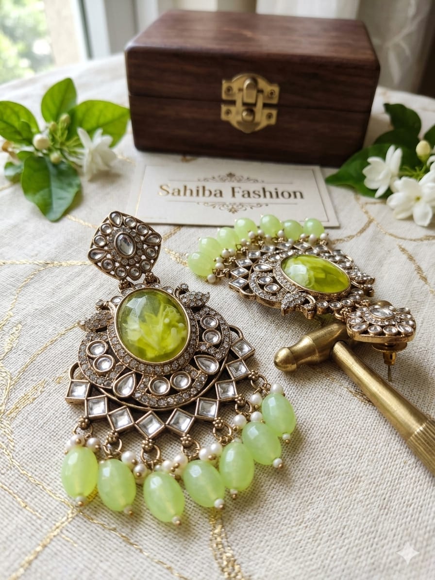 light green resin stone statement chandbali earrings with beads anti tarnish festive jhumka light green resin stone statement chandbali earrings with beads anti tarnish festive jhumka