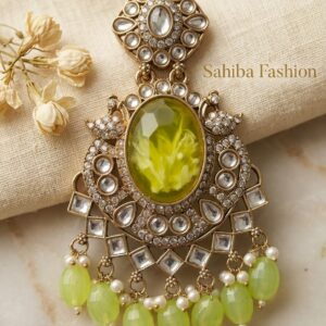 Light Green resin stone statement chandbali jhumka earrings with bead drops in anti tarnish finish