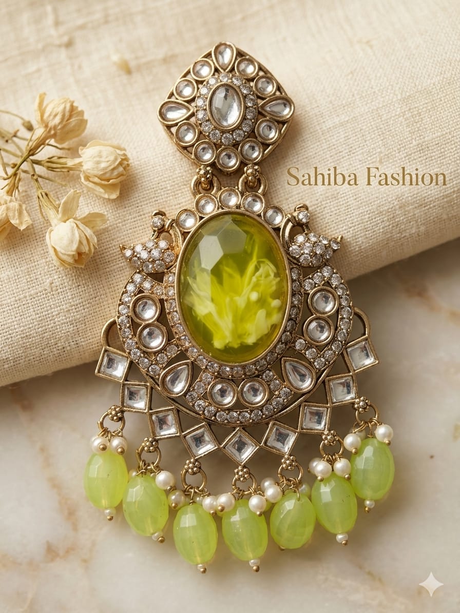 light green resin stone statement chandbali earrings with beads anti tarnish festive jhumka Light Green resin stone statement chandbali jhumka earrings with bead drops in anti tarnish finish
