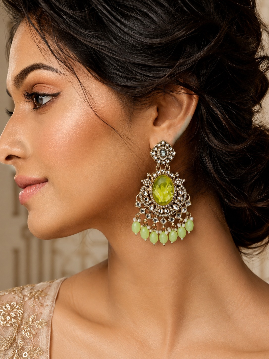 light green resin stone statement chandbali earrings with beads anti tarnish festive jhumka light green resin stone statement chandbali earrings with beads anti tarnish festive jhumka