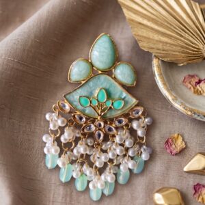 mint green kundan pearl tassel earrings for women | ethnic fusion statement earrings