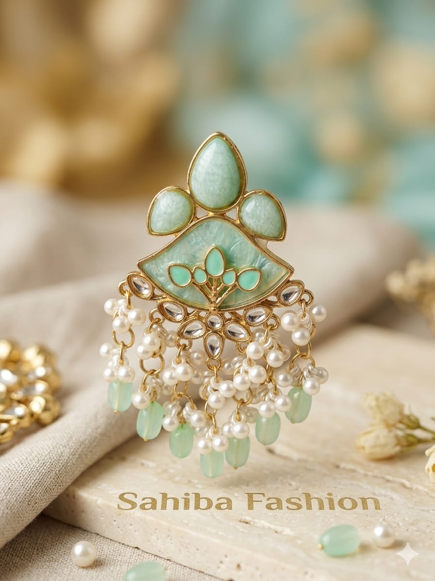 mint green kundan pearl tassel earrings for women | ethnic fusion statement earrings mint green kundan pearl tassel earrings for women | ethnic fusion statement earrings