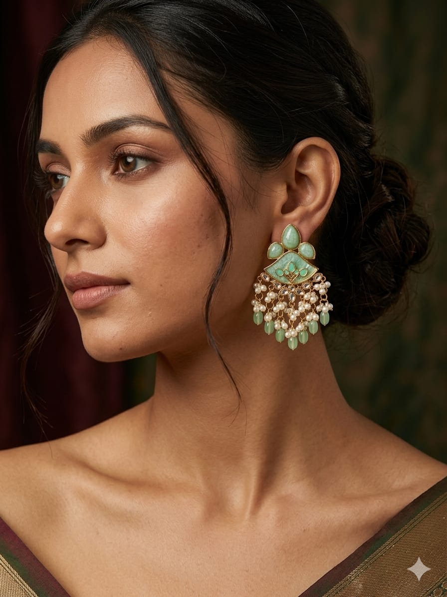 mint green kundan pearl tassel earrings for women | ethnic fusion statement earrings mint green kundan pearl tassel earrings for women | ethnic fusion statement earrings