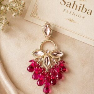 red stone floral drop earrings with beads | anti tarnish party wear red jhumka