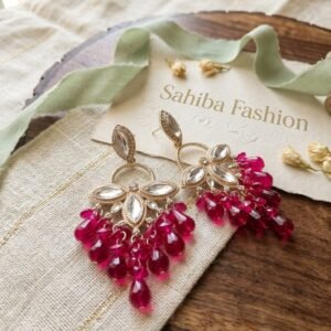 red stone floral drop earrings with beads | anti tarnish party wear red jhumka