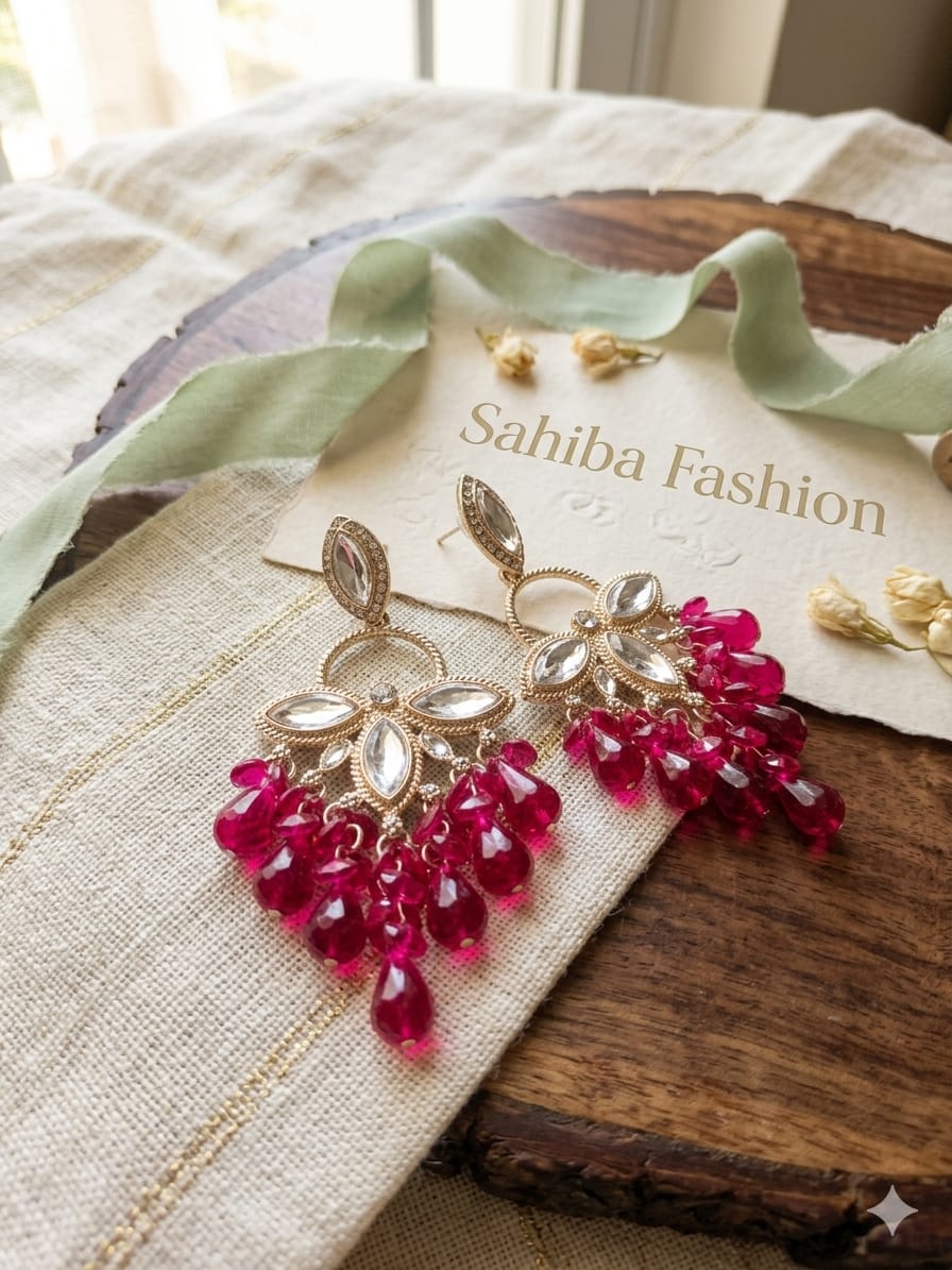 red stone floral drop earrings with beads | anti tarnish party wear red jhumka red stone floral drop earrings with beads | anti tarnish party wear red jhumka