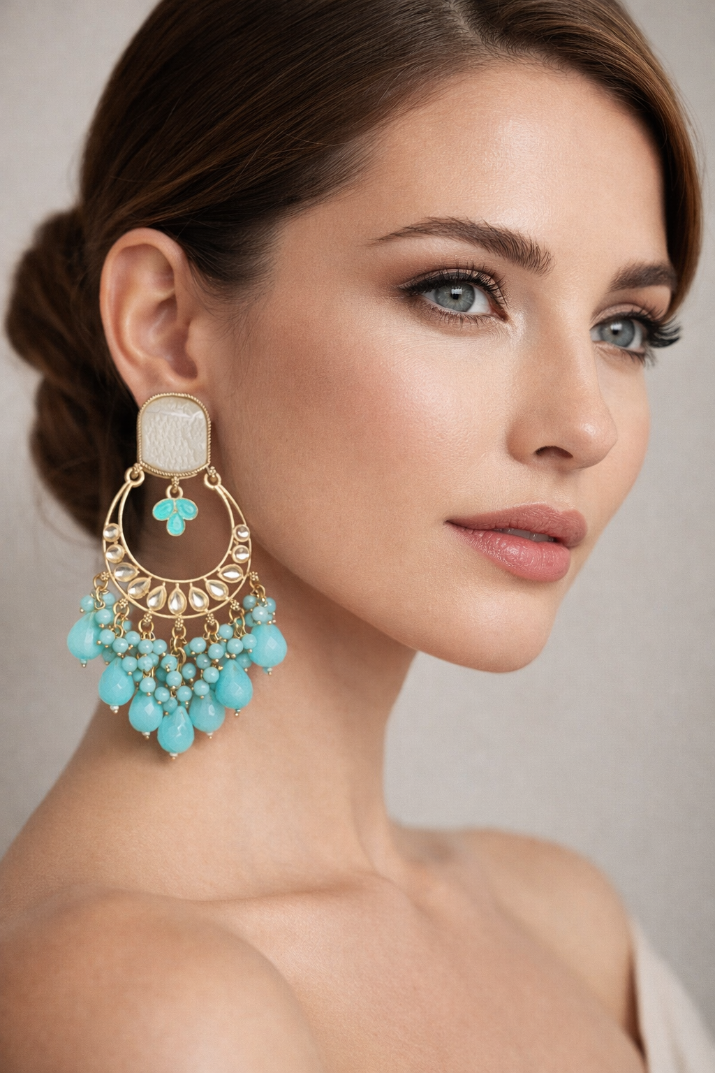 sea green cyan colour stone chandbali earrings with beads | anti tarnish festive drop jhumka sea green cyan colour stone chandbali earrings with beads | anti tarnish festive drop jhumka