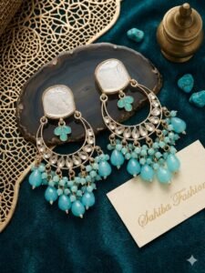 Ganesh Chaturthi Style Guide: Best Earrings, Auspicious Colors & Sacred Traditions sea green cyan colour stone chandbali earrings with beads | anti tarnish festive drop jhumka