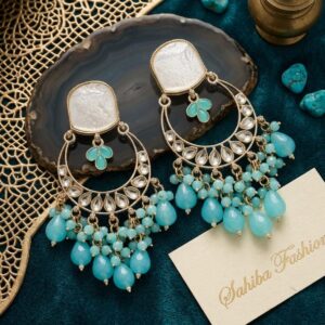sea green cyan colour stone chandbali earrings with beads | anti tarnish festive drop jhumka