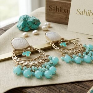 sea green cyan colour stone chandbali earrings with beads | anti tarnish festive drop jhumka