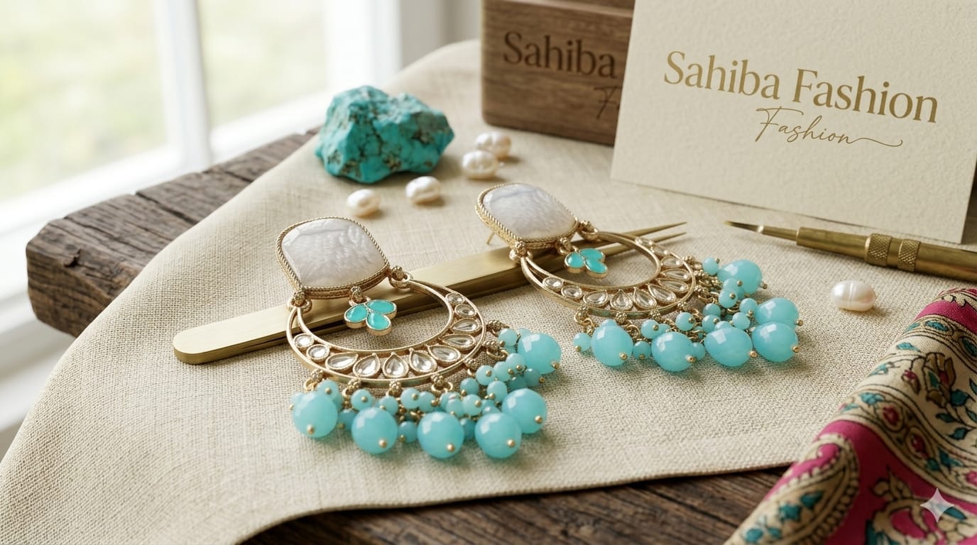 sea green cyan colour stone chandbali earrings with beads | anti tarnish festive drop jhumka sea green cyan colour stone chandbali earrings with beads | anti tarnish festive drop jhumka