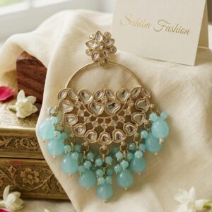 sky blue stone chandbali earrings with beads | anti tarnish party wear jhumka