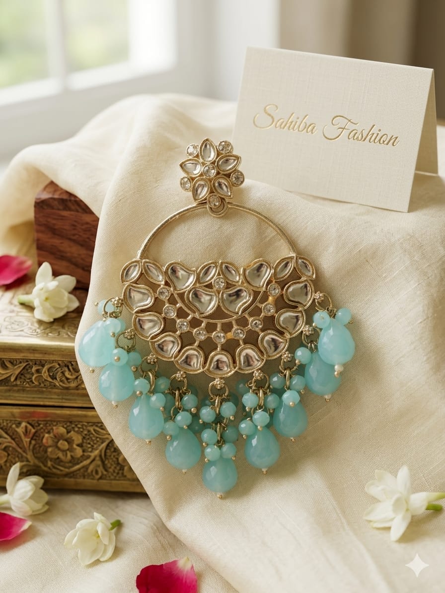 sky blue stone chandbali earrings with beads | anti tarnish party wear jhumka sky blue stone chandbali earrings with beads | anti tarnish party wear jhumka