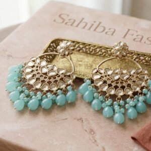 sky blue stone chandbali earrings with beads | anti tarnish party wear jhumka