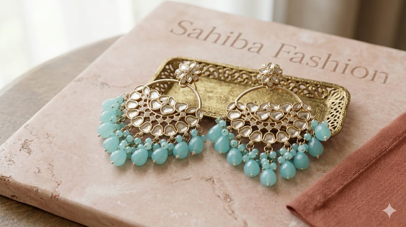 sky blue stone chandbali earrings with beads | anti tarnish party wear jhumka sky blue stone chandbali earrings with beads | anti tarnish party wear jhumka