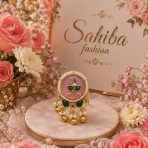 Pink stone pearl jhumka chandbali earrings with golden detailing