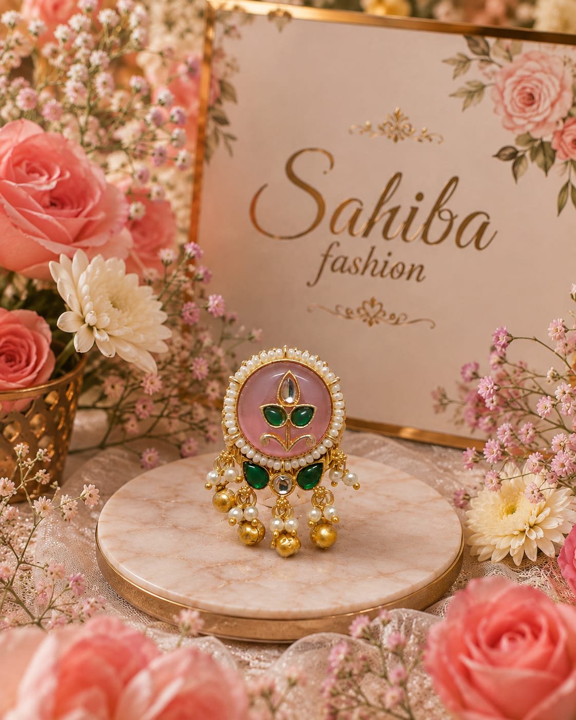 blush pink stone pearl kundan earrings mockup 4 Pink stone pearl jhumka chandbali earrings with golden detailing