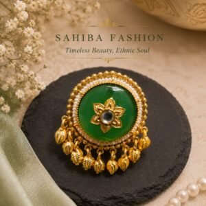 Emerald green stone pearl border chandbali earrings with golden bead drops