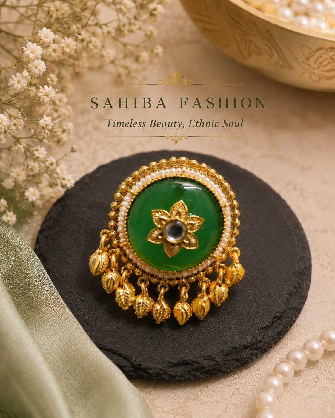 emerald green stone pearl border chandbali earrings mockup 1 Emerald green stone pearl border chandbali earrings with golden bead drops