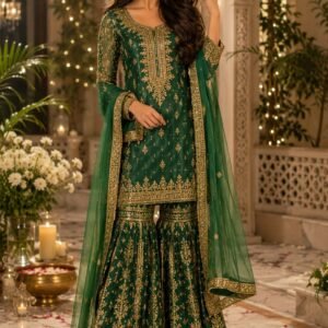 Indian woman in a green embroidered gharara suit wearing green round stud earrings with pearl borders.