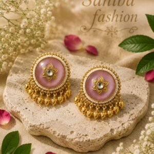 Emerald Pink stone pearl border earrings with golden bead drops