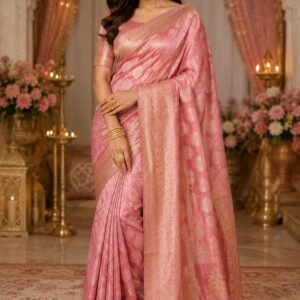 Woman wearing a pink Banarasi silk saree styled with light pink circular stud earrings with pearl borders.