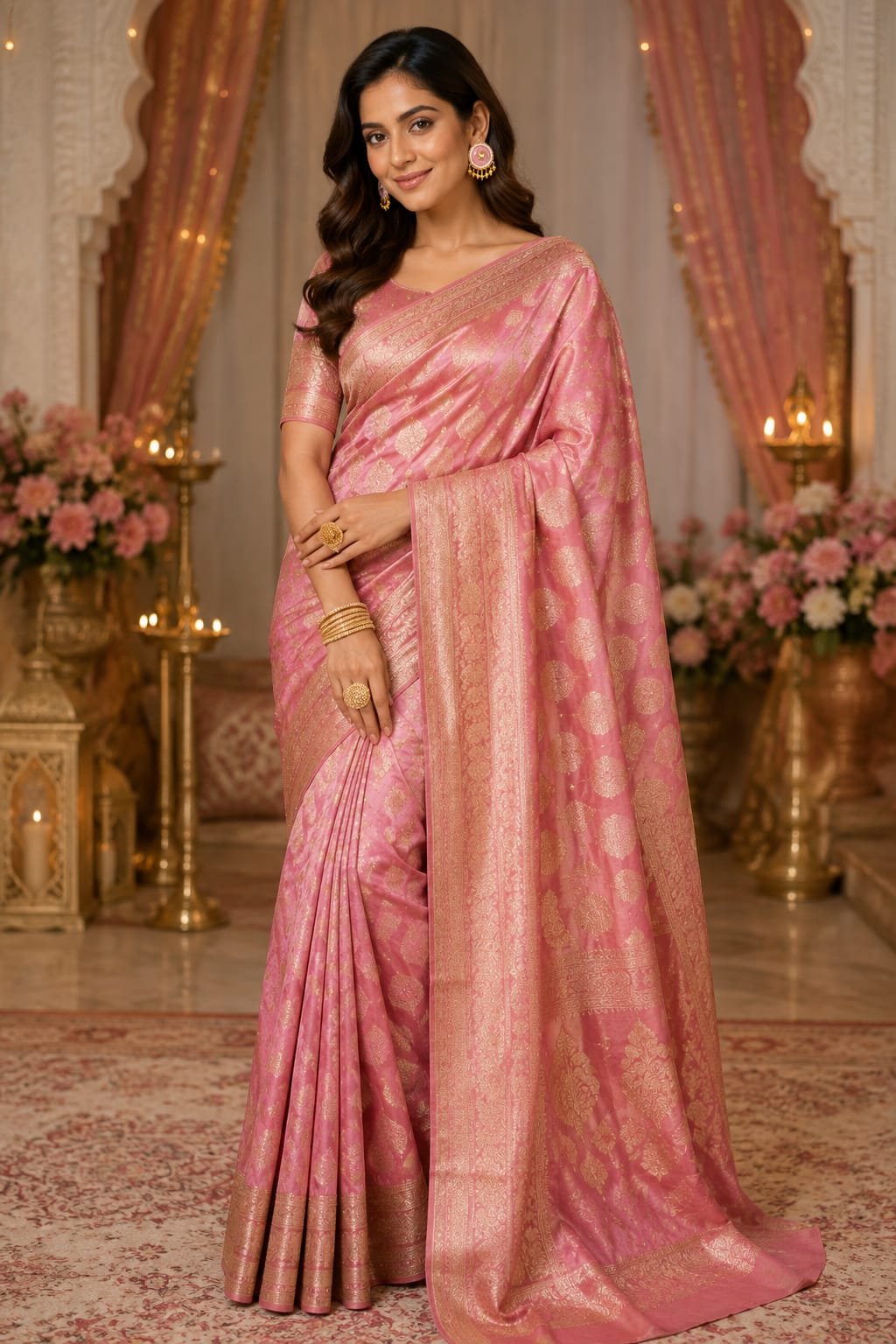 emerald pink stone pearl border chandbali earrings model 1 Woman wearing a pink Banarasi silk saree styled with light pink circular stud earrings with pearl borders.