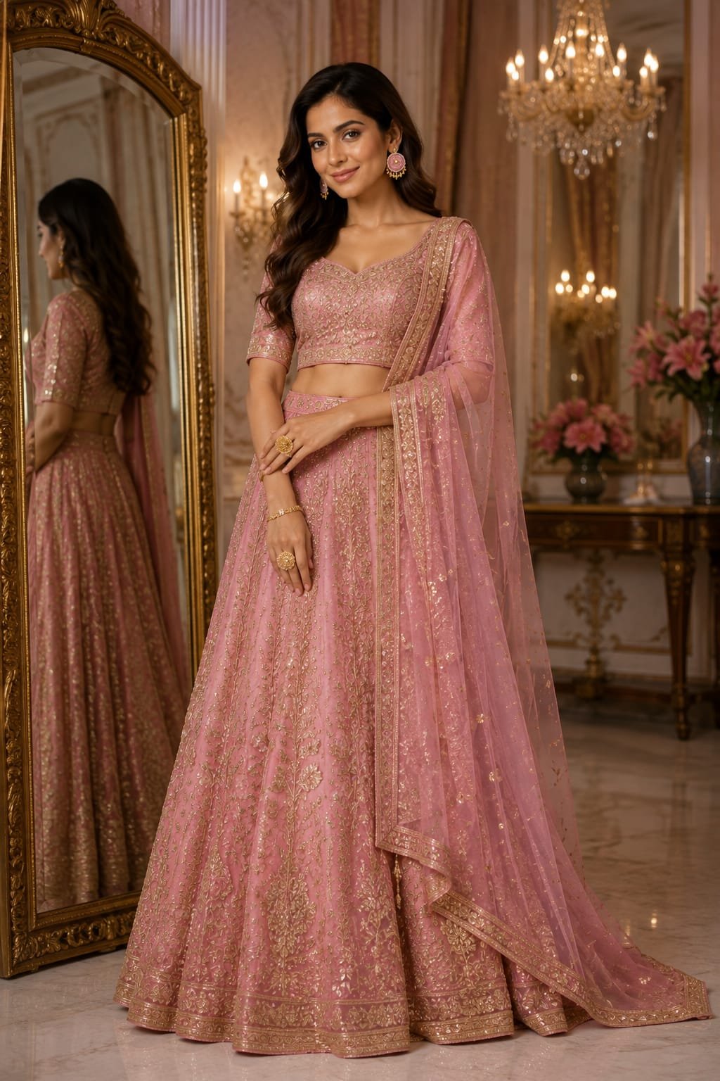 emerald pink stone pearl border chandbali earrings model 2 Full-length view of a model in a pink embroidered lehenga wearing round pink stone stud earrings.