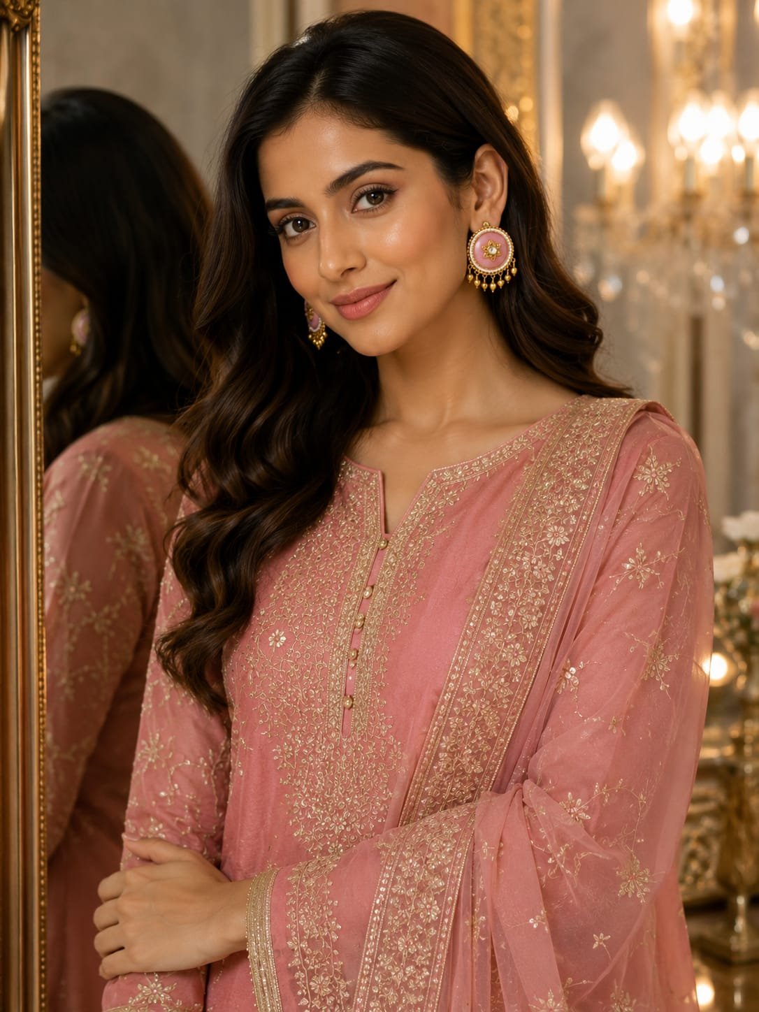 emerald pink stone pearl border chandbali earrings model 3 Indian woman posing in front of a mirror reflection wearing pink round stud earrings and a pink embroidered suit.
