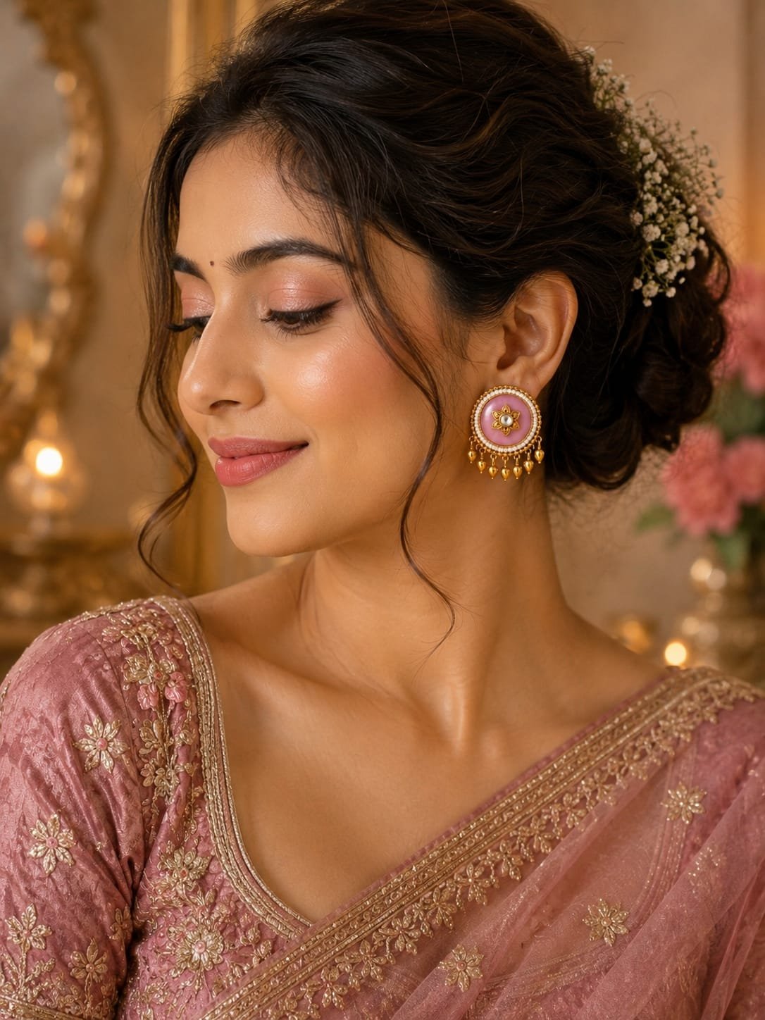 emerald pink stone pearl border chandbali earrings model 4 Close-up of a woman in a low hair bun with white flowers wearing round light pink stud earrings with pearl dangles.