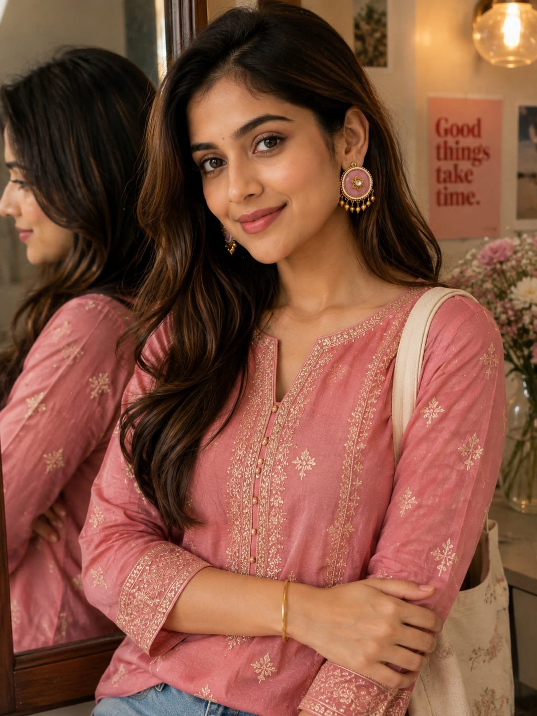 emerald pink stone pearl border chandbali earrings model 5 Model with loose hair wearing pink round stud earrings paired with a pink daily wear printed suit.