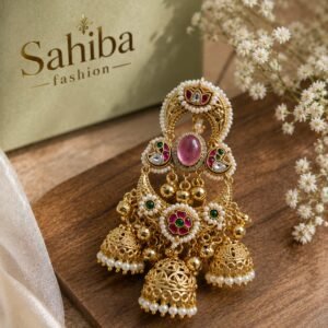 Golden pink stone pearl jhumka chandbali earrings with three hanging jhumkis