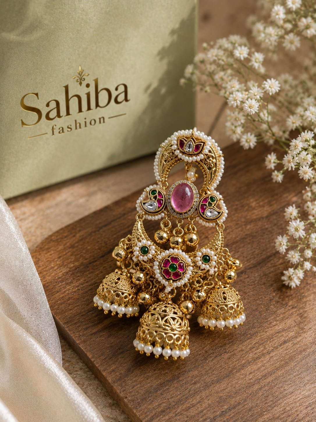 golden pink stone pearl jhumka chandbali earrings mockup 1 Golden pink stone pearl jhumka chandbali earrings with three hanging jhumkis