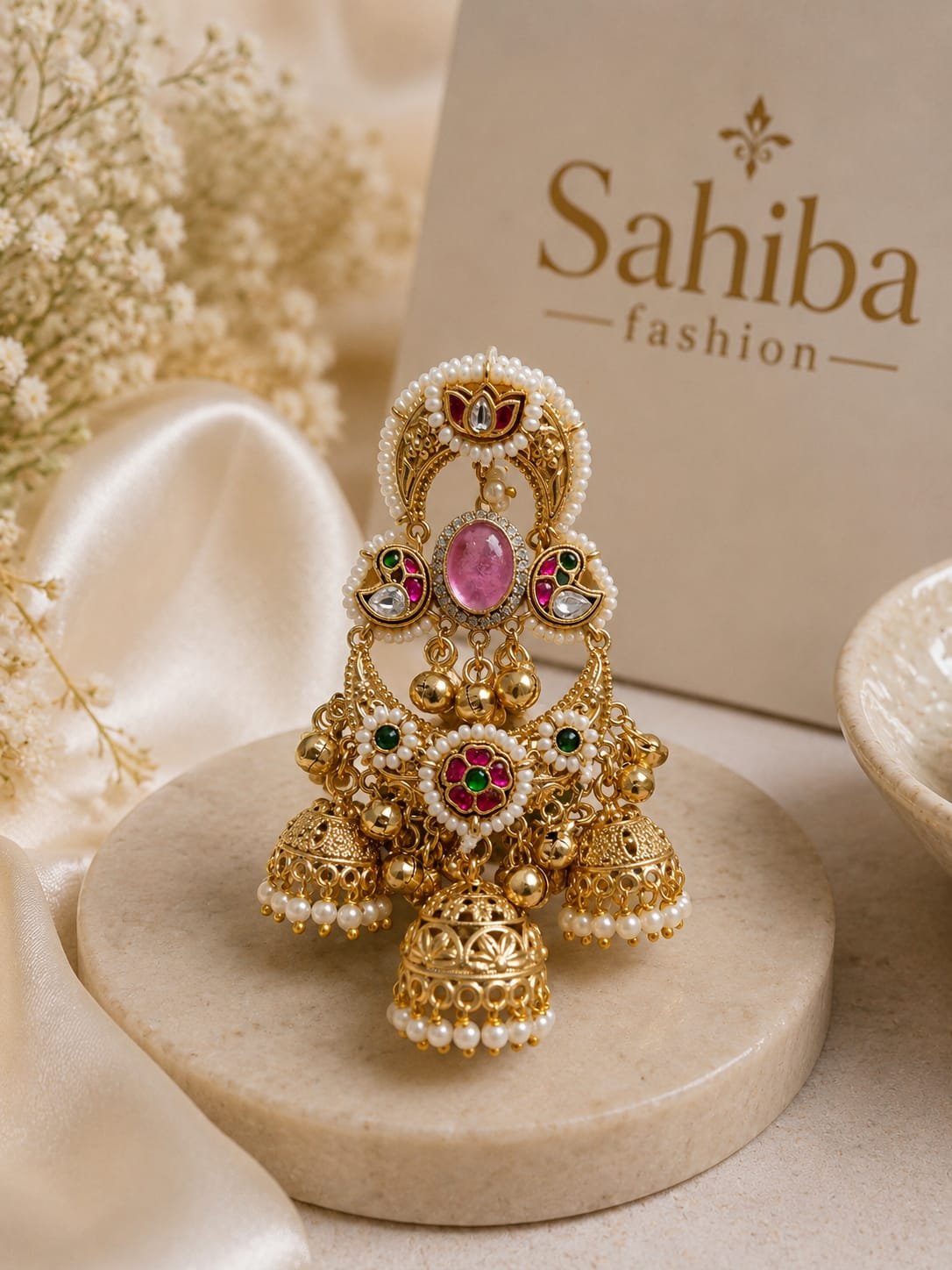 golden pink stone pearl jhumka chandbali earrings mockup 2 golden pink stone pearl jhumka chandbali earrings mockup 2