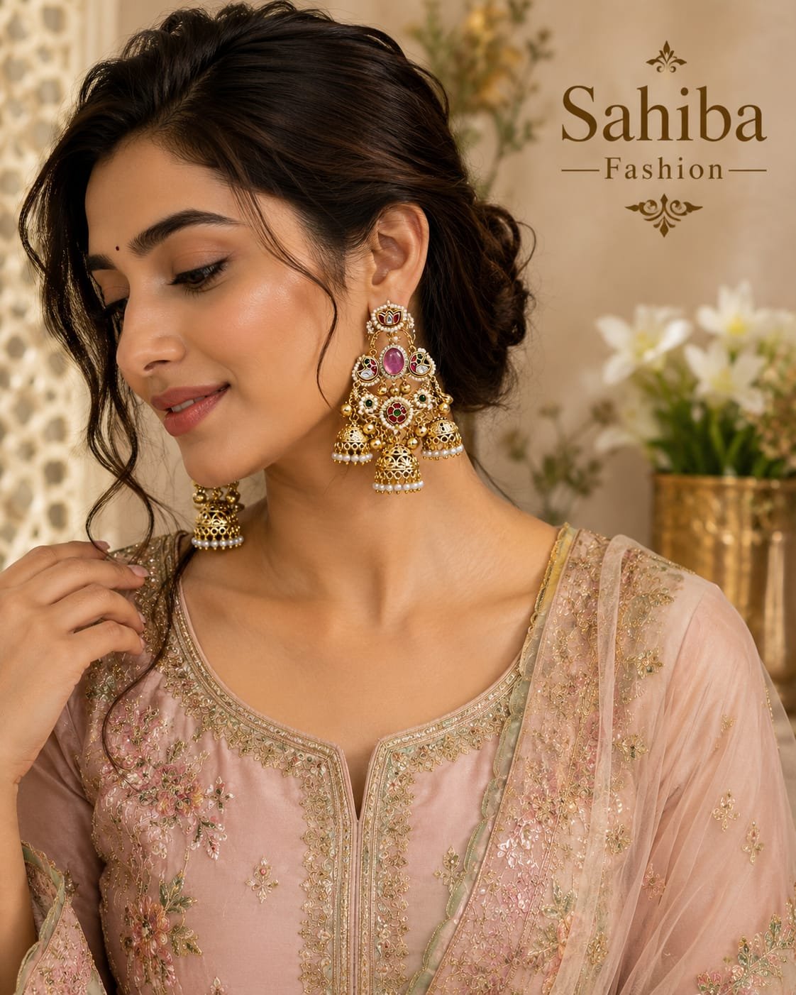 golden pink stone pearl jhumka chandbali earrings model 1 Indian woman wearing gold pink stone pearl jhumka chandbali statement earrings styled with a pastel pink embroidered suit.