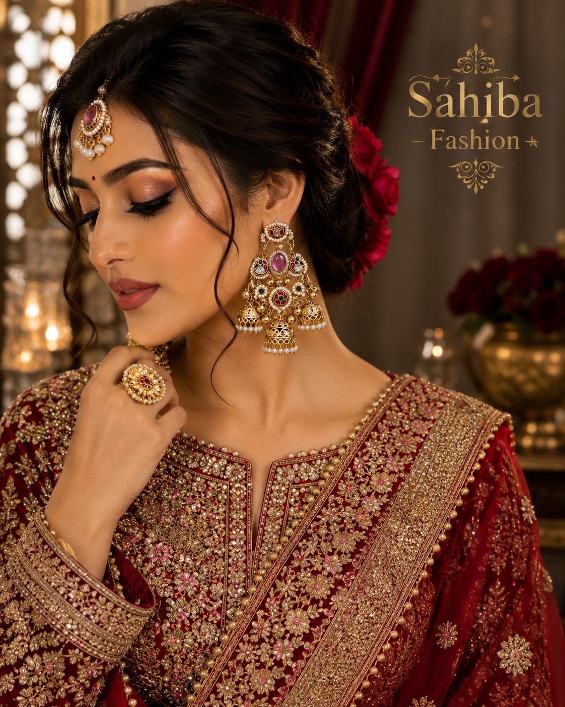 golden pink stone pearl jhumka chandbali earrings model 2 Indian bride wearing heavy gold pink stone jhumka chandbali earrings, matching maang tikka, and a maroon embellished velvet suit.