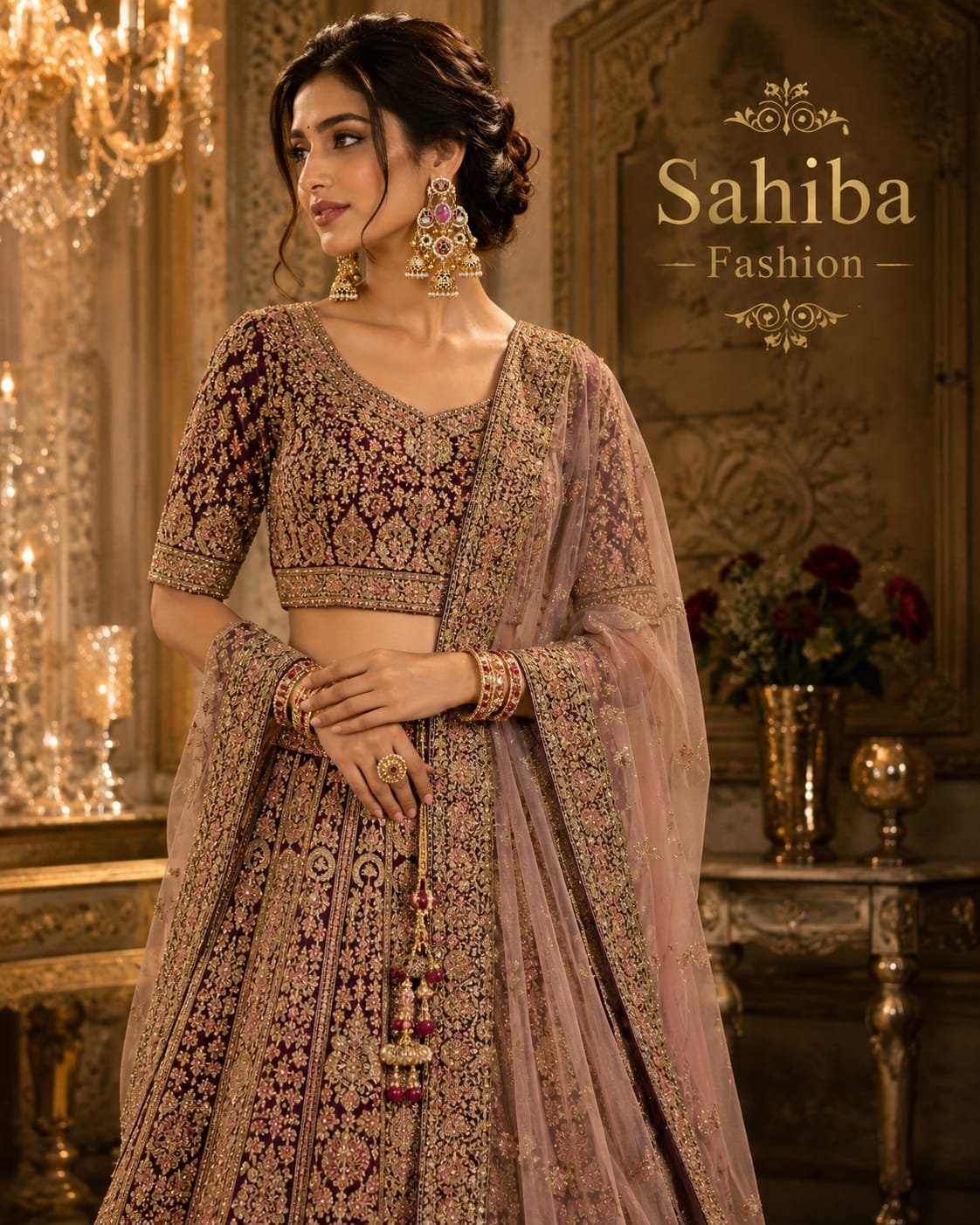 golden pink stone pearl jhumka chandbali earrings model 3 Model in a heavy deep purple embroidered lehenga wearing gold pink stone pearl jhumka chandbali earrings.