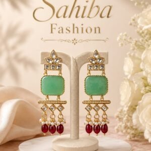 Green stone and red beaded statement earrings with pearl accents